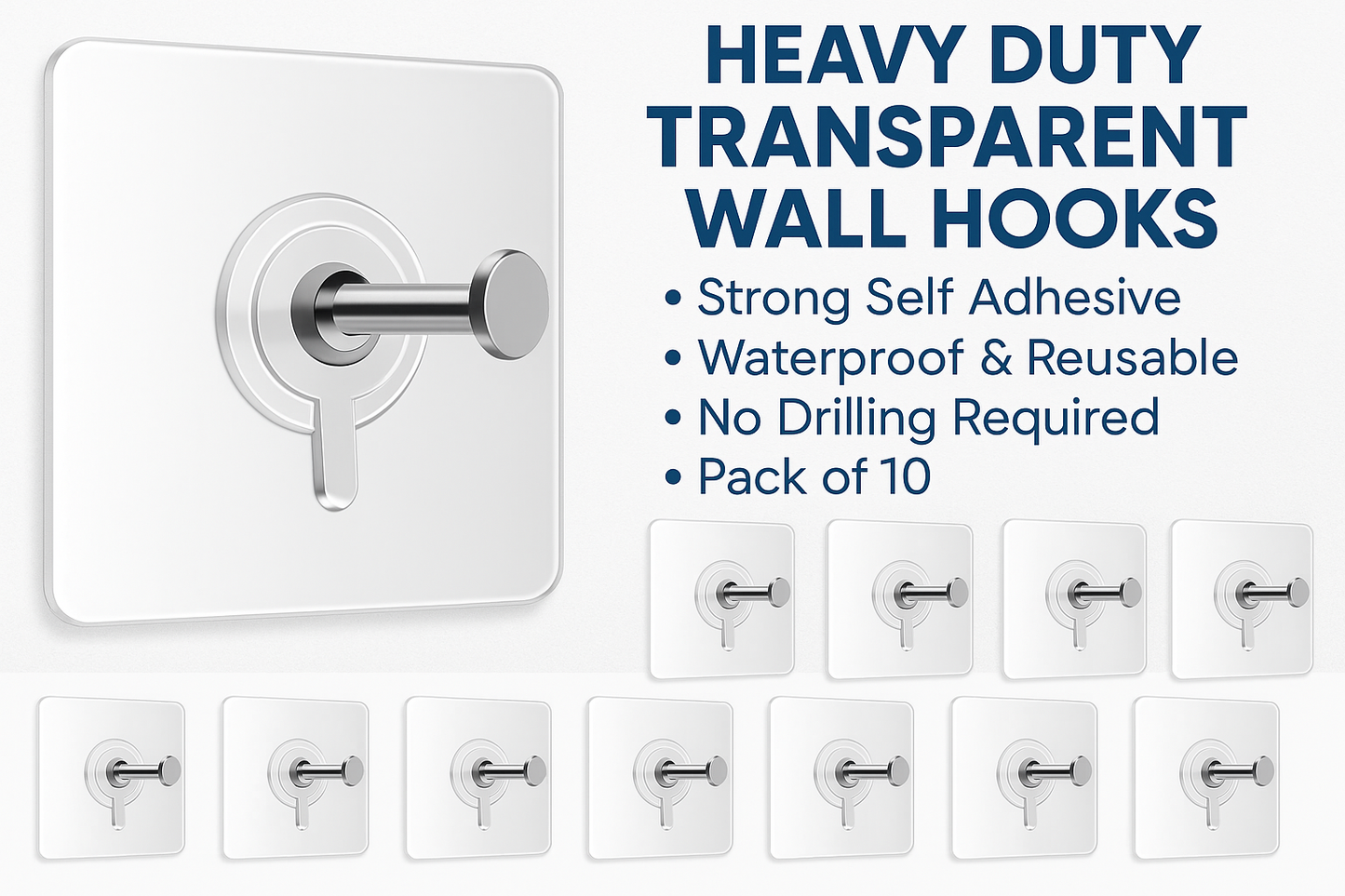 Heavy Duty Transparent Wall Hooks | Self Adhesive Seamless Hooks for Kitchen, Bathroom & Home (Pack of 10)