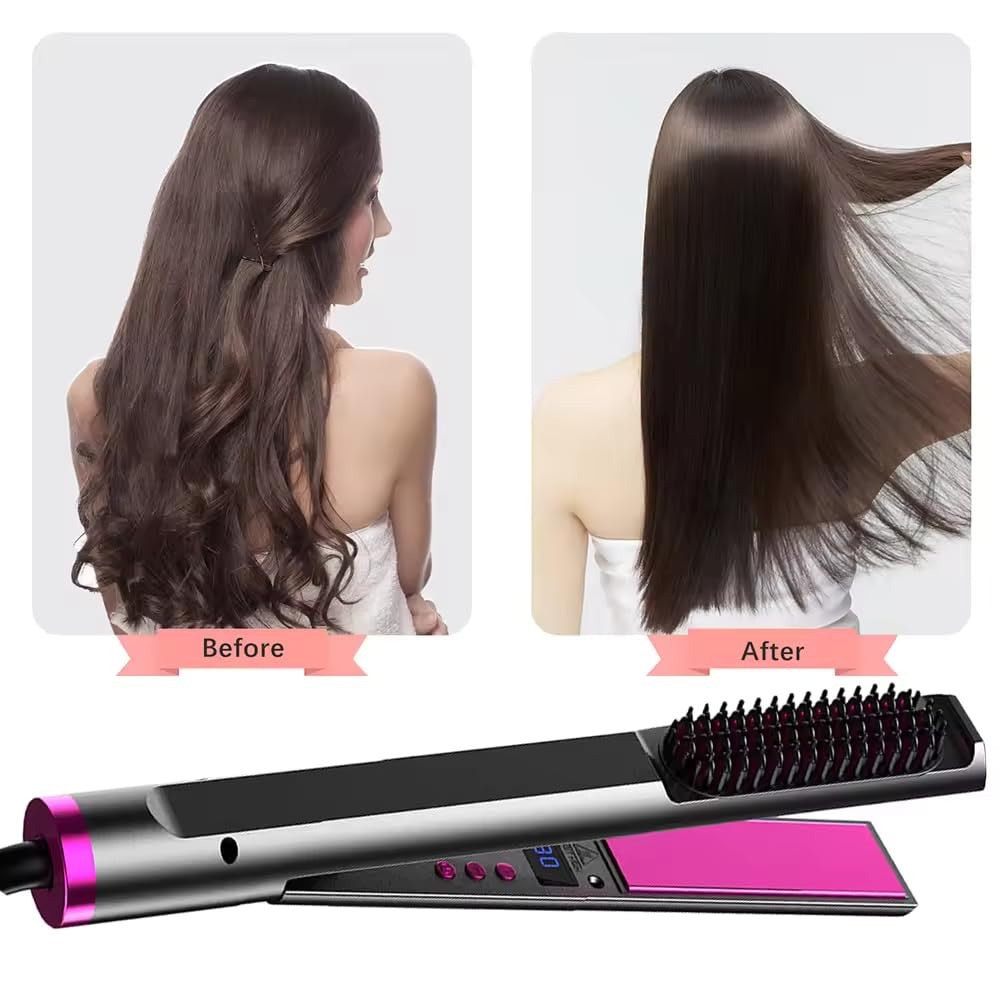 2-in-1 Hair Straightener Brush with LCD Display | Fast Heating Ceramic Hair Styling Tool for Women | Adjustable Temperature & Auto Shut Off | 360° Rotating Cord