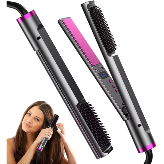 2-in-1 Hair Straightener Brush with LCD Display | Fast Heating Ceramic Hair Styling Tool for Women | Adjustable Temperature & Auto Shut Off | 360° Rotating Cord