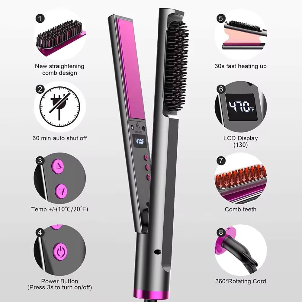 2-in-1 Hair Straightener Brush with LCD Display | Fast Heating Ceramic Hair Styling Tool for Women | Adjustable Temperature & Auto Shut Off | 360° Rotating Cord