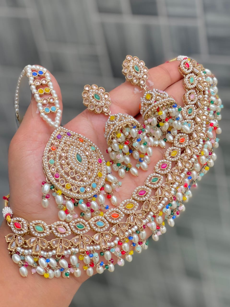 Bridal Kundan Pearl Choker Necklace Set with Different Colour Beads – Traditional Wedding Jewelry