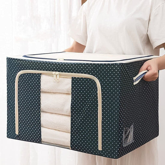 66 Liters Foldable Cloth Storage Bag with Front & Top Zipper | Large Capacity Blanket Organizer Box for Clothes, Sarees, Quilts, Towels – Non-Woven Fabric (Polka Dot Design)