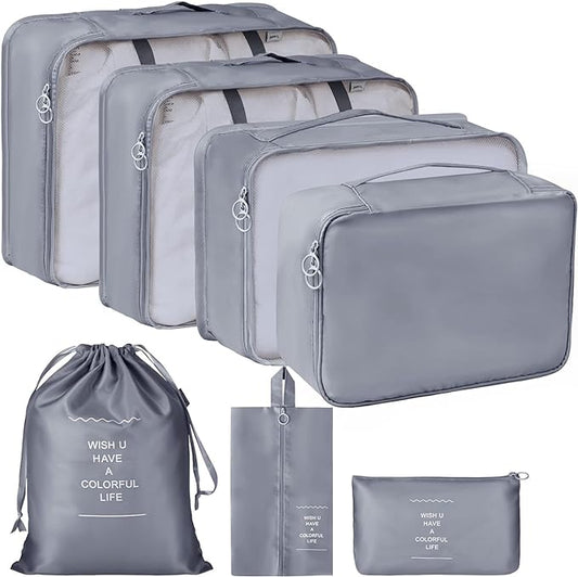 7-in-1 Travel Organizer Packing Cubes Set | Luggage Storage Bags for Clothes, Shoes, Toiletries | Waterproof & Lightweight Travel Essentials (Grey)